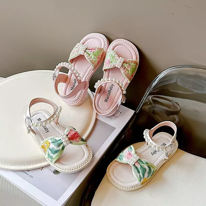 Girl Princess Dress Sandals Summer New Chinese Embroider Style Children Flat Sandals Fashion Open-toe Kids Causal Hanfu Sandals