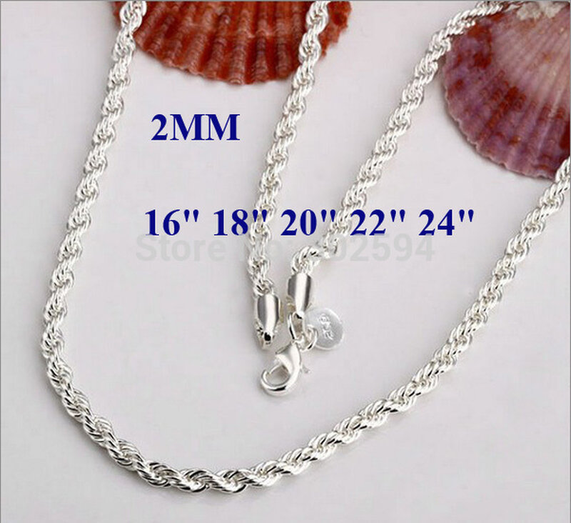 925 colar de corda de prata esterlina para homens e mulheres, corrente elegante pingente bonito, moda bonita, 2mm, 16-24"