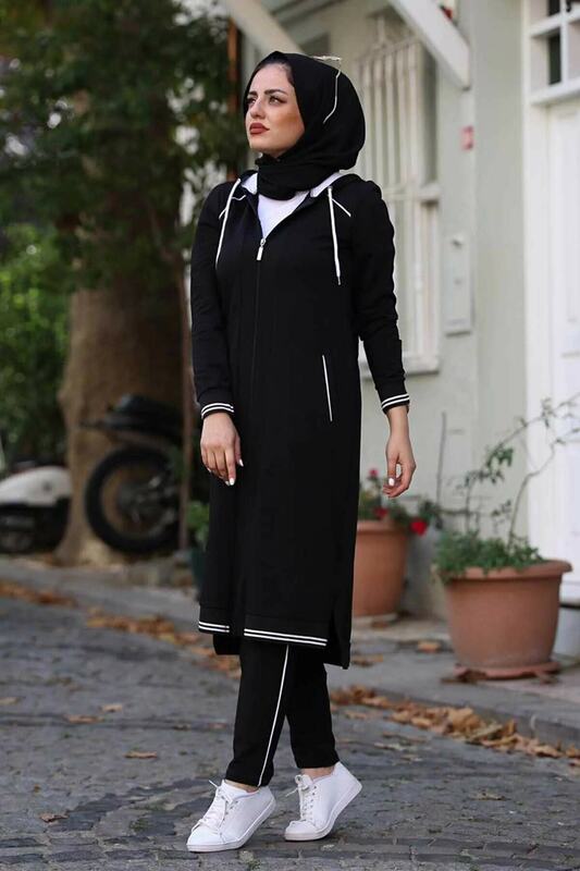Vrouwen Zwarte Hijab Trainingspak Set Moslim Sport Headscarved Sport Mode-Uitloper Trendy Stijlvolle