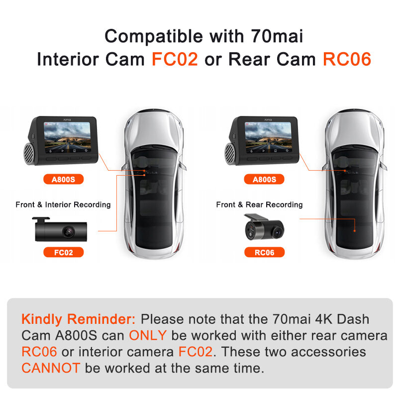 Видеорегистратор передний 70mai, 2160P, 4K, A800S-1, с поддержкой камеры заднего вида или интерьера