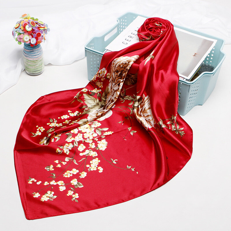 Bufanda de seda satinada con estampado Floral para mujer, pañuelo para el pelo, Hijab, chal cuadrado, diadema, 90x90cm, 2021