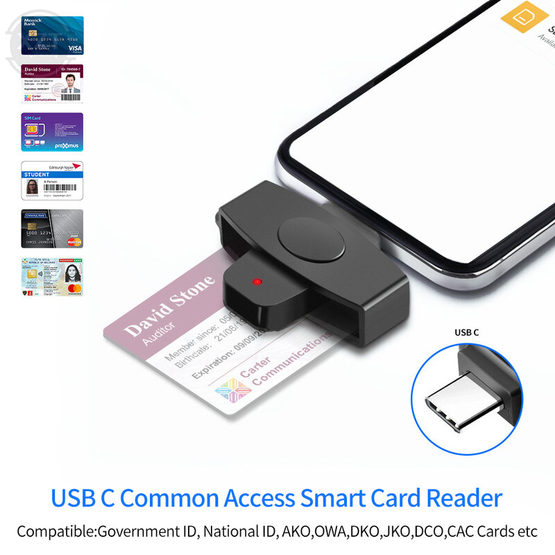 Pembaca kartu CAC pintar USB tipe C, 62*24mm USB Tipe C, penyimpan pajak Bank, kartu SIM/kartu IC/adaptor pembaca kartu ID untuk Windows Mac/Android OS