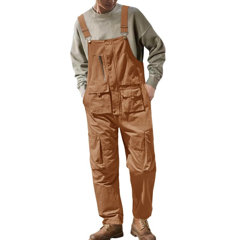 Мужская одежда, новинка 2024, Свободный комбинезон, брюки, мужские однотонные рабочие брюки-карго, функциональный комбинезон с несколькими карманами, брюки