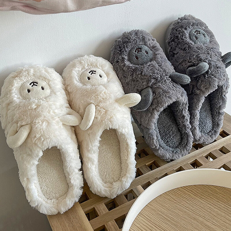 Women Home Fluffy Slippers Platform Anti Slip Comfortable Warm Shoes Cute Sheep Outdoor Couple Slippers Women Men Ladies Shoes