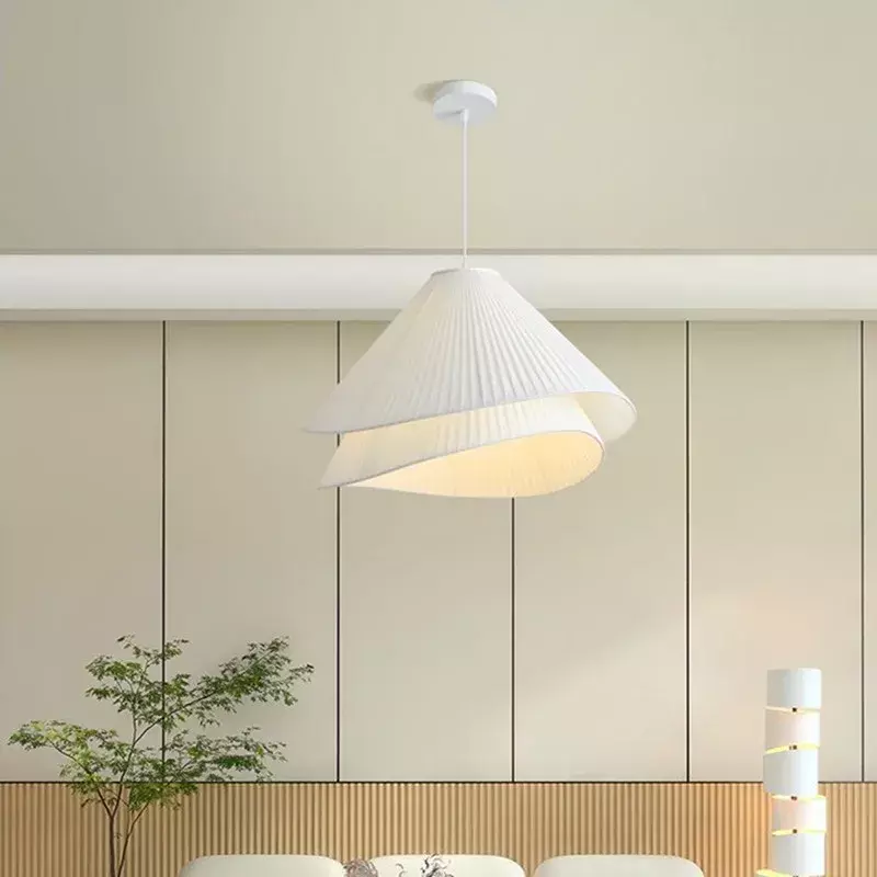 Lampu gantung Led gaya krim Nordic, lampu gantung kain sederhana ruang makan kamar tidur dekorasi rumah lampu liontin Led