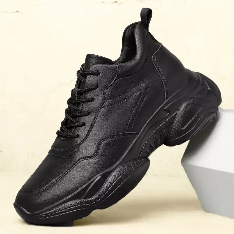 รองเท้าผ้าใบเสริมส้นสำหรับผู้ชาย, ทำจากหนังระบายอากาศขนาด36-44สีขาวดำสูง8ซม.