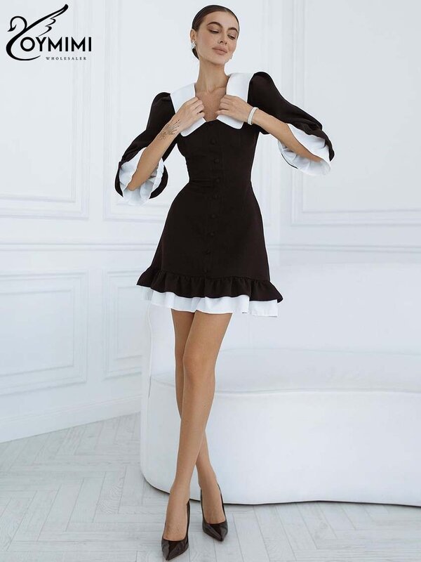Oymimi-カジュアルな黒のパッチワークドレス,エレガントな折り返し襟,ハーフスリーブ,ハイウエスト,ミニドレス,夏,新品