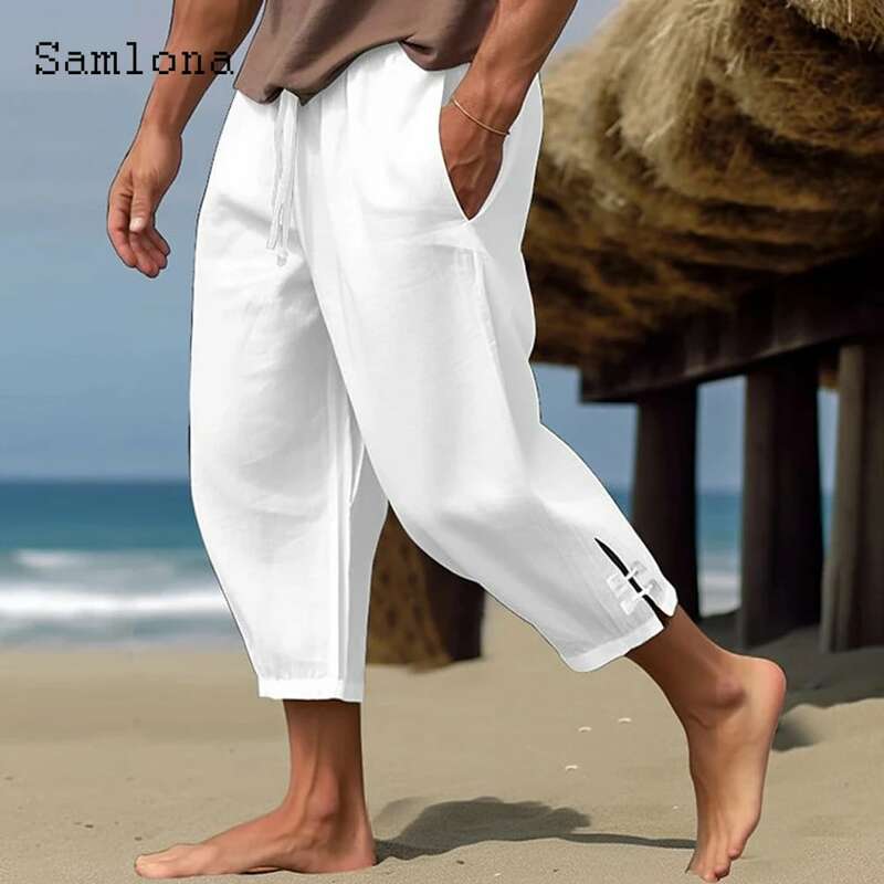 2023 Men Elegant Fashion Buckle Cuff Linen Pants Solid White Ankle-Length Trouser Plus Size Mens Casual Drawstring Sweatpants