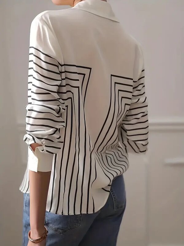 Camisa de botão feminina com estampa de linha, blusas elegantes, primavera e verão, roupas femininas plus size, preto e branco, 2024