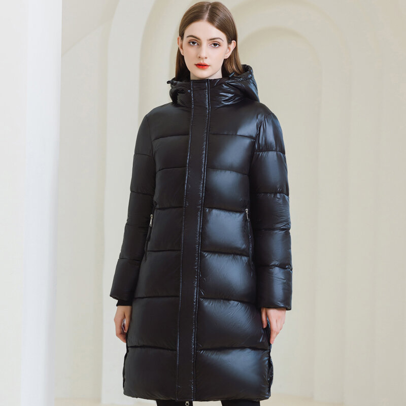 Jaket mantel panjang bertudung untuk wanita, jaket musim dingin kualitas tinggi dengan bantalan katun tebal hangat untuk wanita