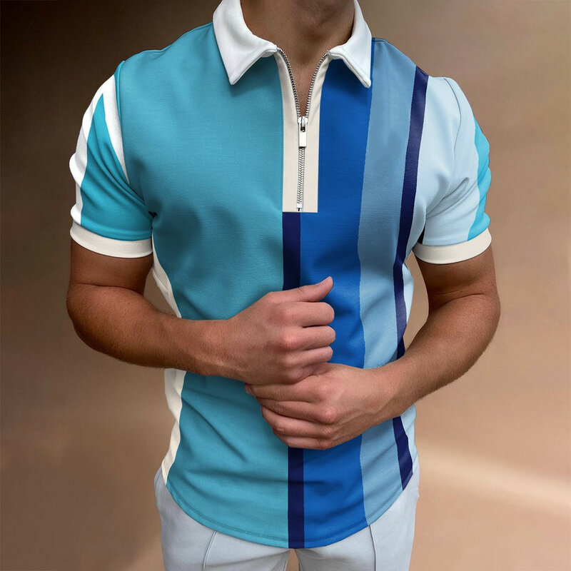 Рубашка-поло мужская с принтом в полоску, Повседневная модная брендовая с коротким рукавом, на молнии, лето 2022