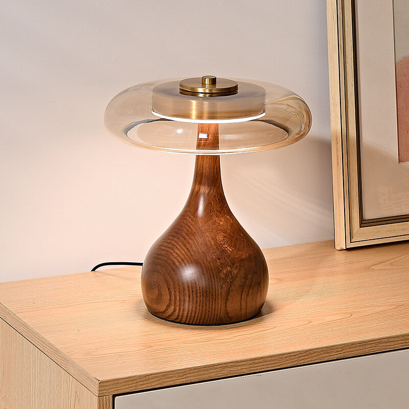 Lámpara LED de escritorio de cobre de lujo, luz de noche de vidrio de madera de diseñador para mesita de noche, dormitorio, arte del hogar, mesa de seta decorativa, 12W