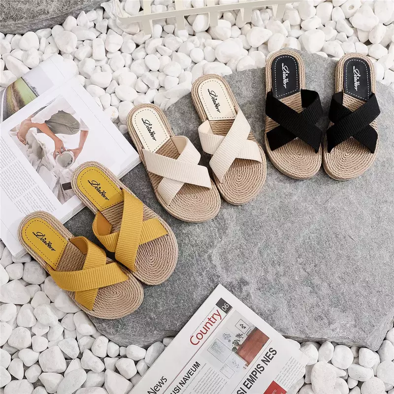 Ladies New Slippers Summer Cross Drag Fashion Hemp Rope Outer Wear Slippers Casual Sandals and Slippers