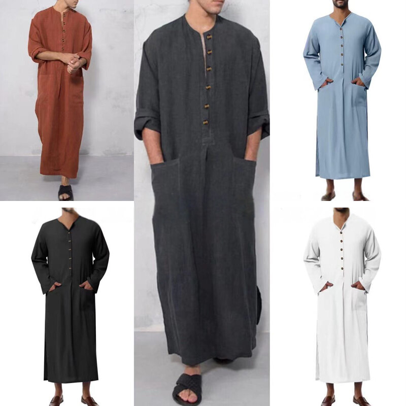 Jubah Muslim pria jubah Muslim Timur Tengah Dubai Arab Saudi lengan panjang longgar gaun doa gamis Muslim Kaftan Jubba pakaian Thobe Islami