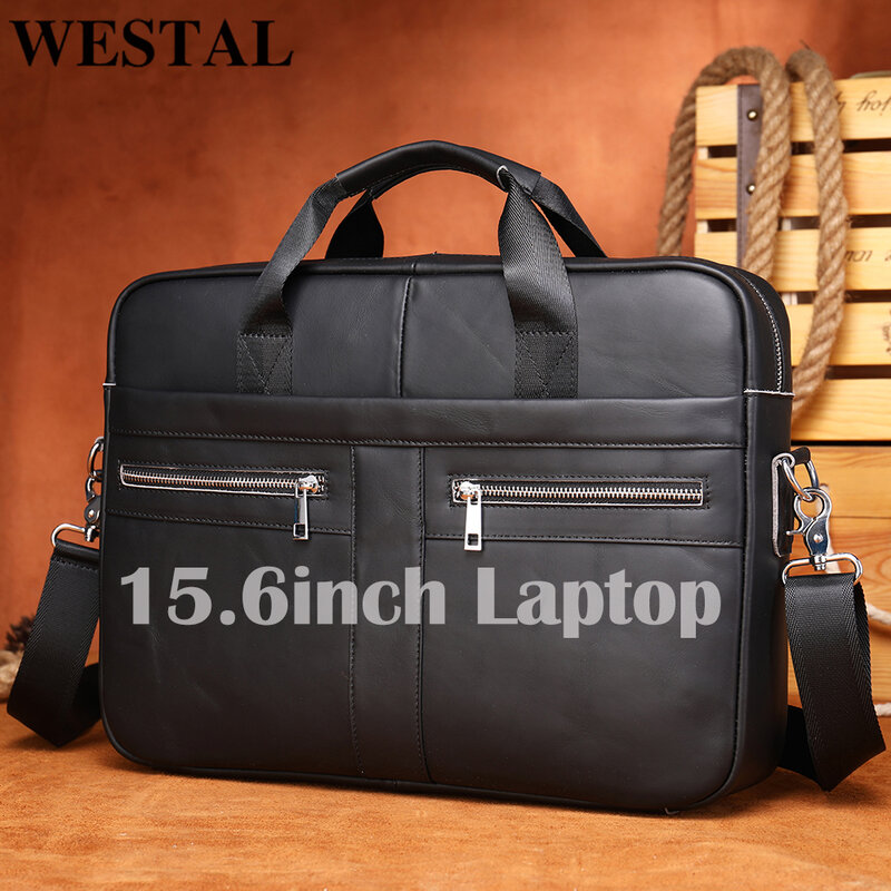 WESTAL tas Laptop 15.6 "untuk pria, tas jinjing kulit asli untuk dokumen, tas komputer kantor, tas kurir kulit pria