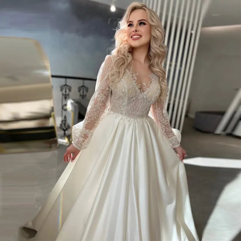 Gaun pernikahan mewah untuk wanita Satin gaun pengantin A-Line renda applique jubah elegan lengan Puff panjang Vestidos De Novia 2023