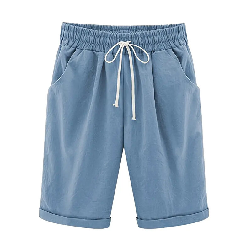 Summer Shorts Thin Outer Wear Medium Pants Large Size High Waist Drawstring Women's Slightly Elastic Solid Color Casual Shorts