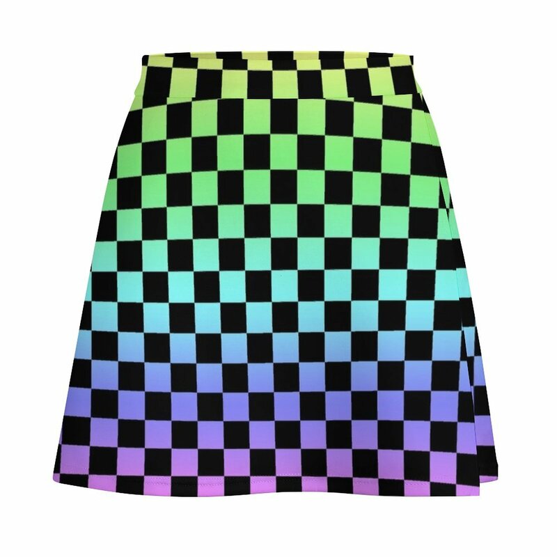 Black Checkered Rainbow Ombre Pattern Mini Skirt festival outfit women korean summer clothes Female dress