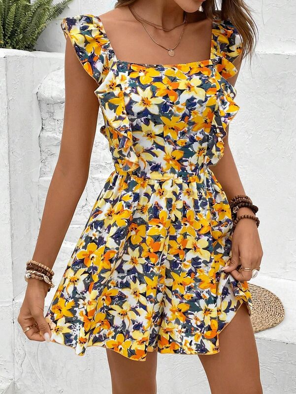 Girl Floral  Mono Sexys Mujer 2024 Summer Back Tie Up Jumpsuit Shorts Beach Vacation Sexy Woman Комбинезон С Юбкой