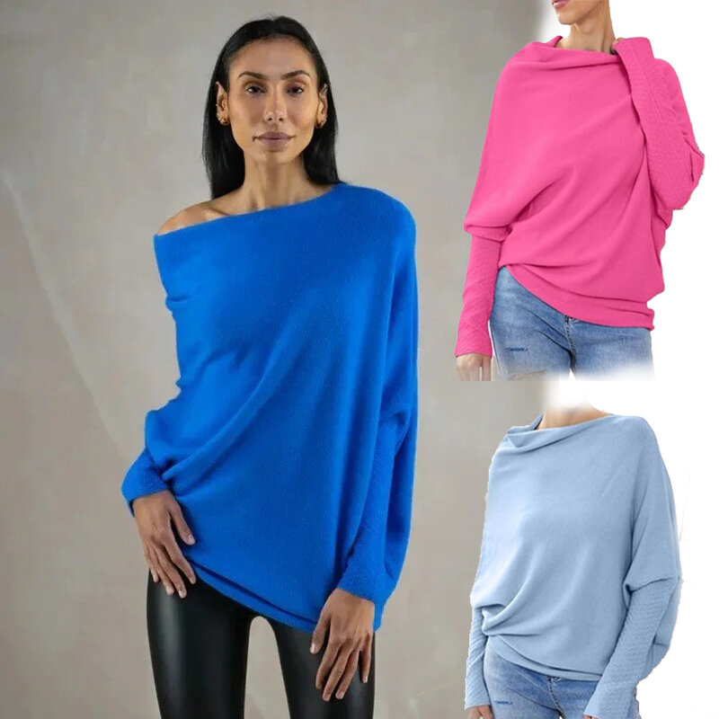 Women's Solid Color Round Neck Long Sleeve Knit Top Comfortable and Soft Bat Sleeve Pullover Fashion Street Wear