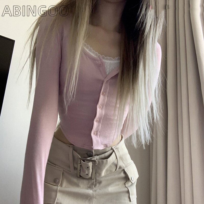 Abingoo-フィットした女性用ボタンTシャツ,y2kプルオーバー,ニットボトム,U字型裾,ピンクのトップ,偽の2ピース,秋冬