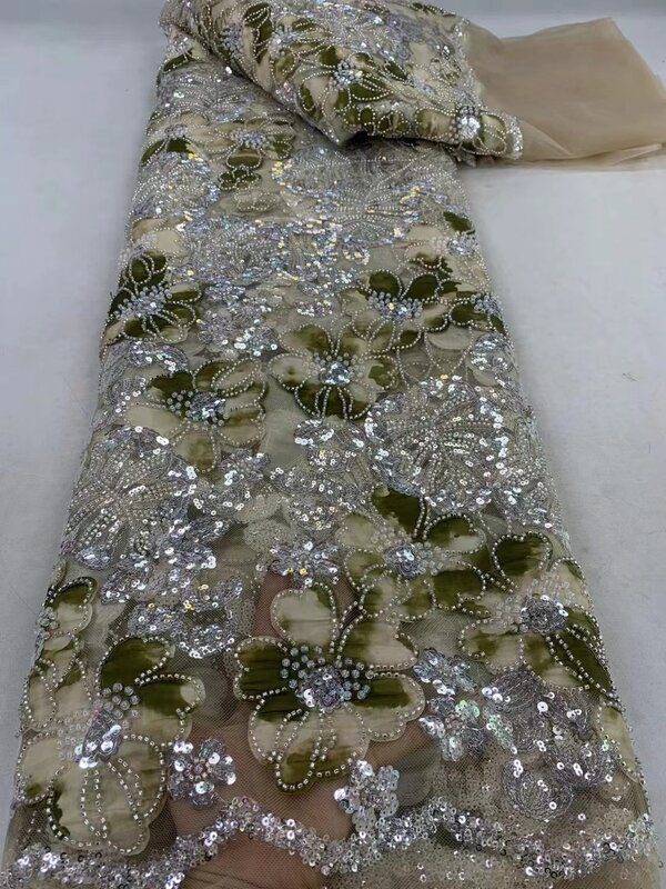Tecido de renda com lantejoulas para vestido de noiva, malha francesa, bordado frisado, africano, nigeriano, elegante, 2024
