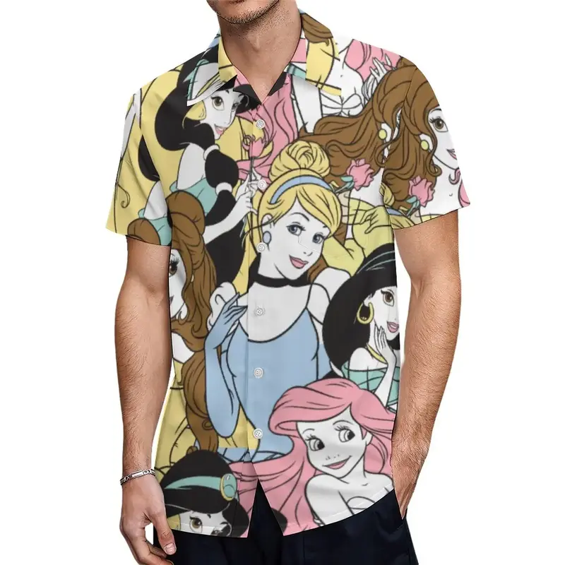 디즈니 프린세스 스케치 하와이안 셔츠, 남녀공용, 패션 디즈니, 반팔, 빈티지 단추 다운 셔츠