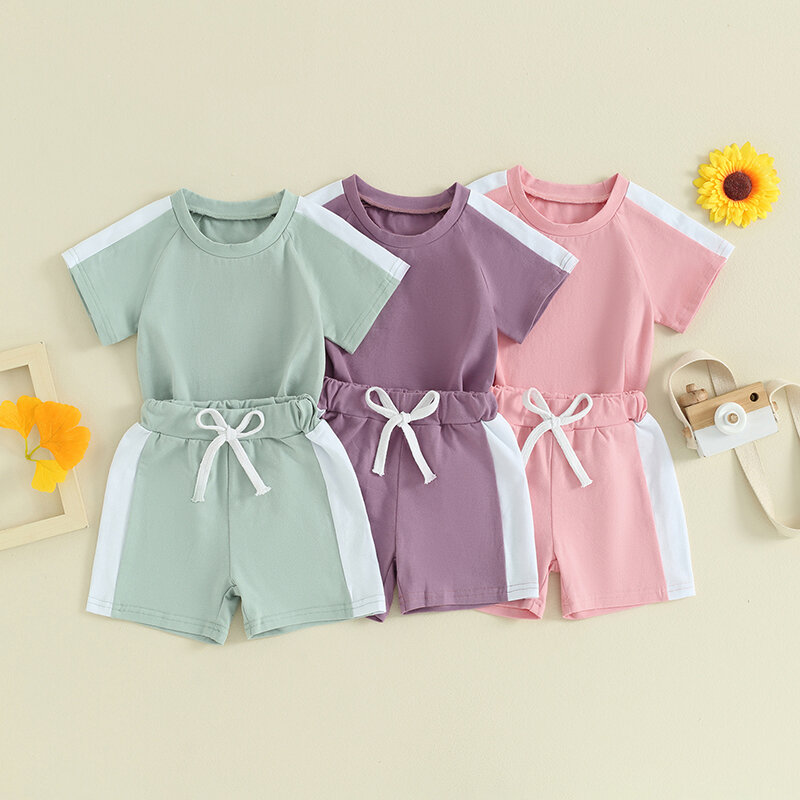 VISgogo Set pakaian bayi perempuan, baju 2 potong kasual lengan pendek warna kontras dan celana pendek pinggang elastis