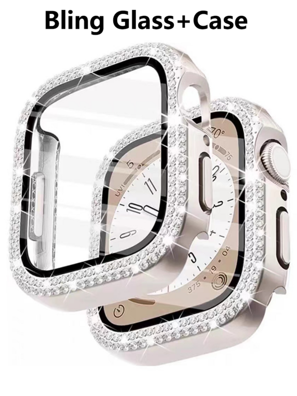 Cristal brillante y funda para Apple Watch, Protector de pantalla para iwatch series 7, 9, 8, 5, 6, SE, 44mm, 45mm, 41mm, 40mm, 44mm, parachoques de diamante para mujer