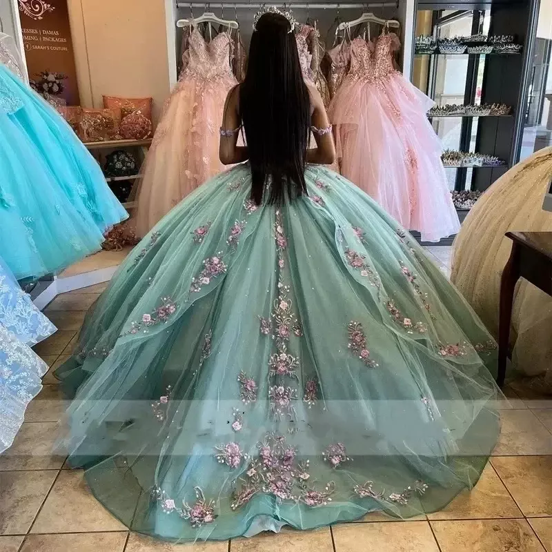 Princess 3D Flowers Quinceanera Dresses Off Shoulder Appliques Beading Mexico Sweet 16 Ball Gown Birthday Vestidos De 15 Anos