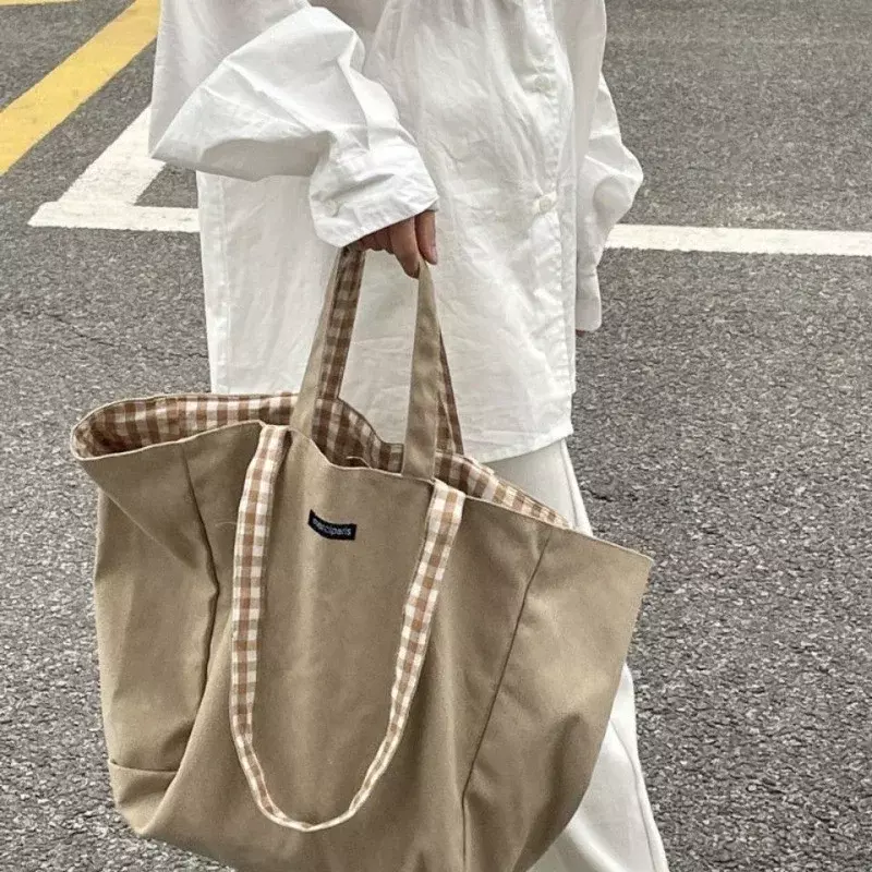 Холщовые сумки на плечо для женщин, двусторонние вместительные дамские сумочки в клетку, портативные универсальные складные тоуты для покупок