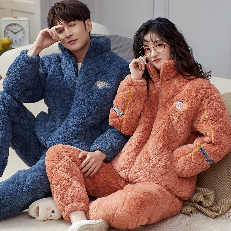 Pajamas Set Couple Winter Three-layer Thick Coral Fleece Quilted Flannel Warm Sleepwear Sweet Ladies Homewear Nightgown Suit