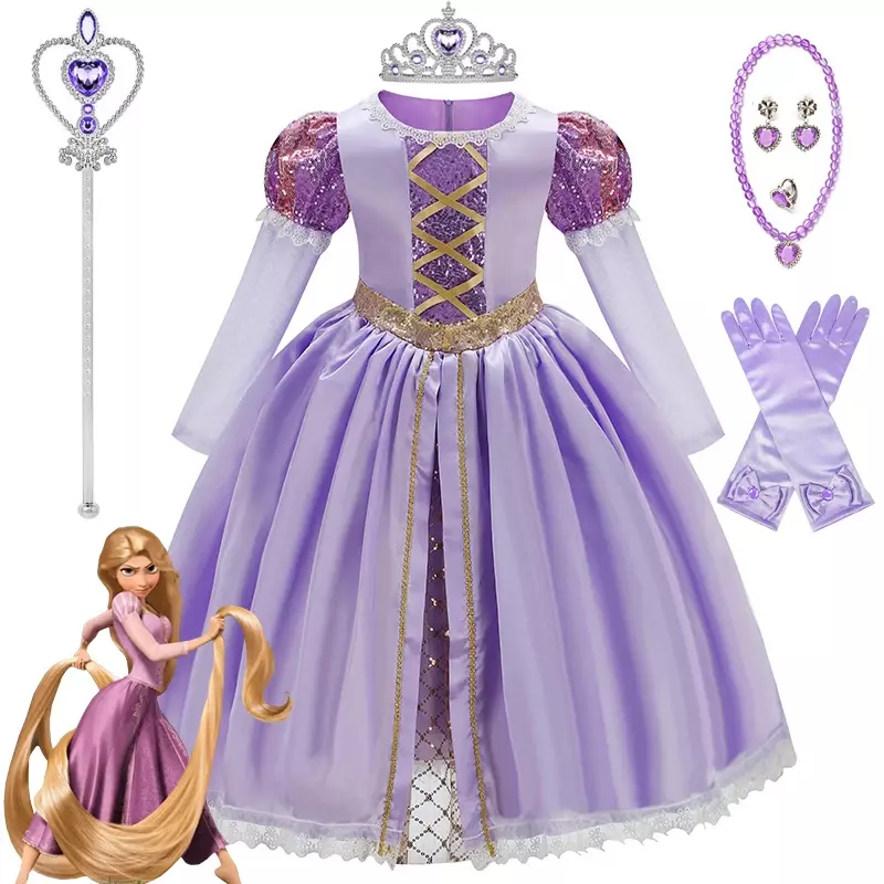Children Rapunzel Princess Cosplay Costume Girls Dress  Accessories Halloween Birthday Party Costume for Kids 3-10T