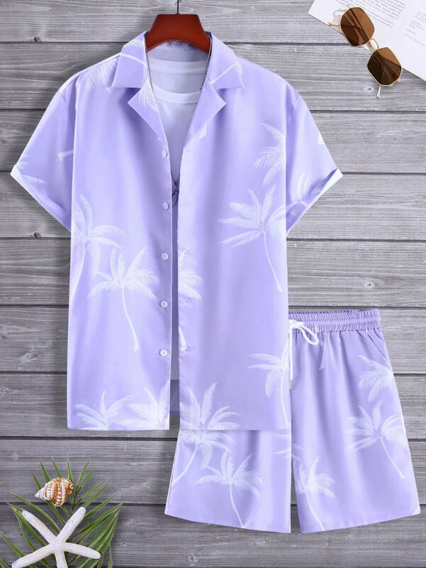 Heren Shirt Set 3d Print Strand Kokospalm Geruit Revers Korte Mouw Casual Shirt Strand Short Zomer Streetwear Hawaiiaanse Pakken