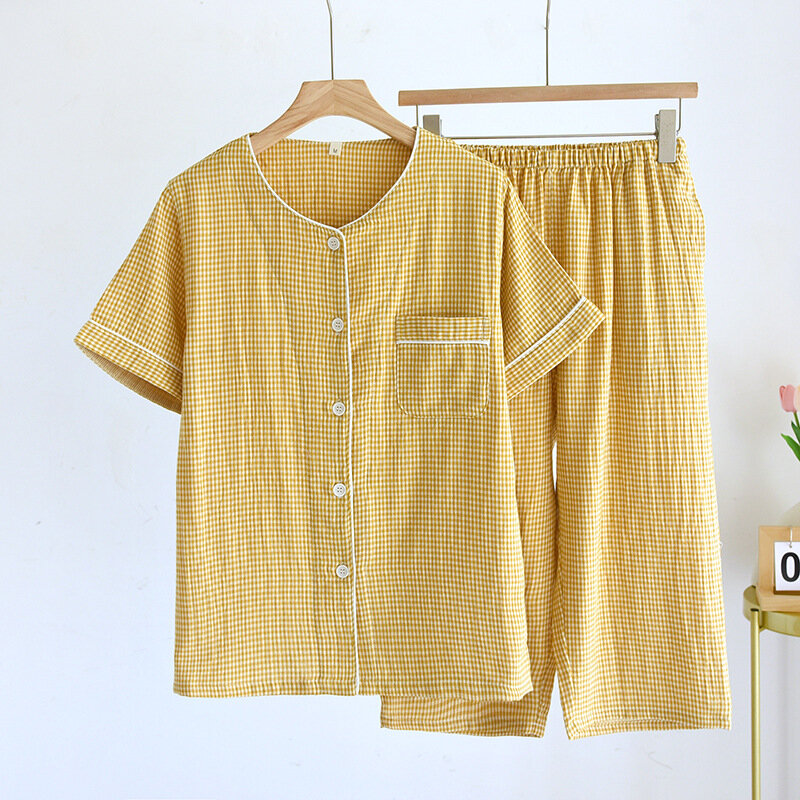 Kurzarm Top Capris Plaid Pyjama für Männer und Frauen Baumwolle Homewear Rundhals ausschnitt Sommer Set Frau 2 Stück Hauskleidung