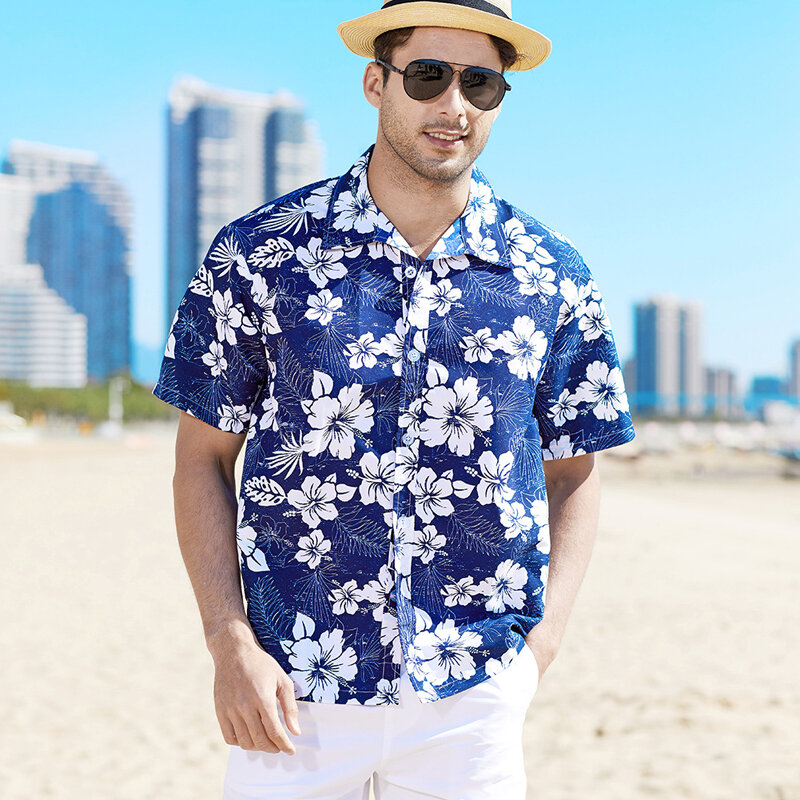 Men Street Fashion Summer Daily Shirt Hawaiian Flower Palm Tree Print Casual Loose Shirts Short Sleeve Beach Loose Tops Clothing