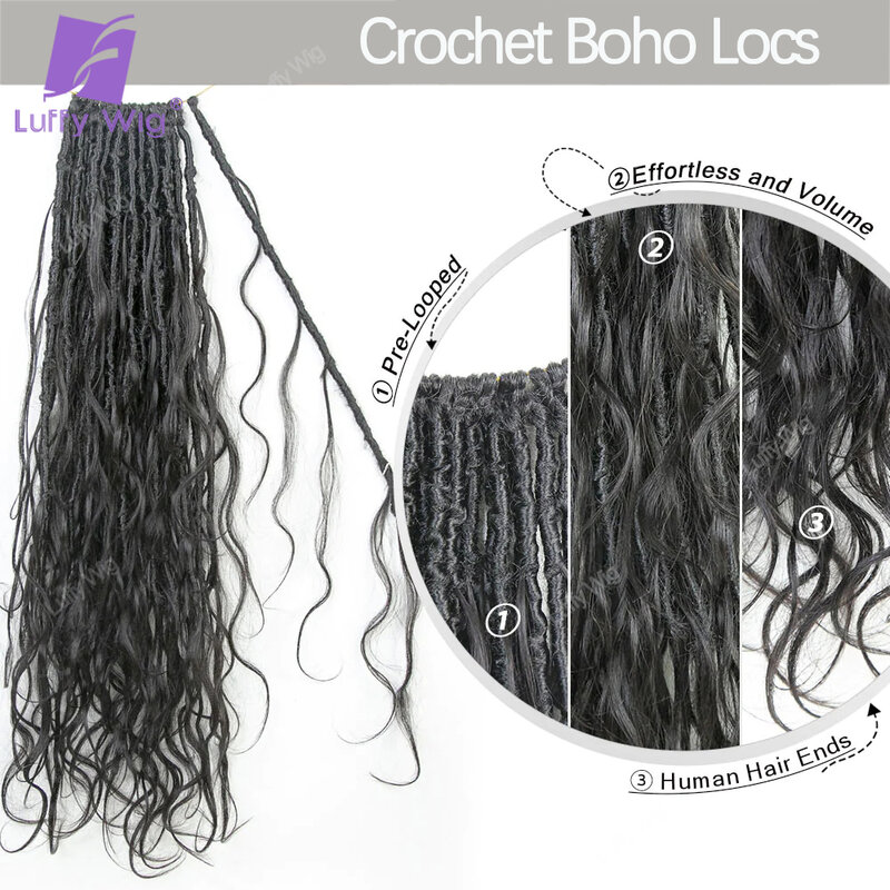 Goddess Boho Locs Crochet Hair with Human Hair Curls Pre-looped Synthetic Braids Hair Extensions Braiding Hair For Black Women