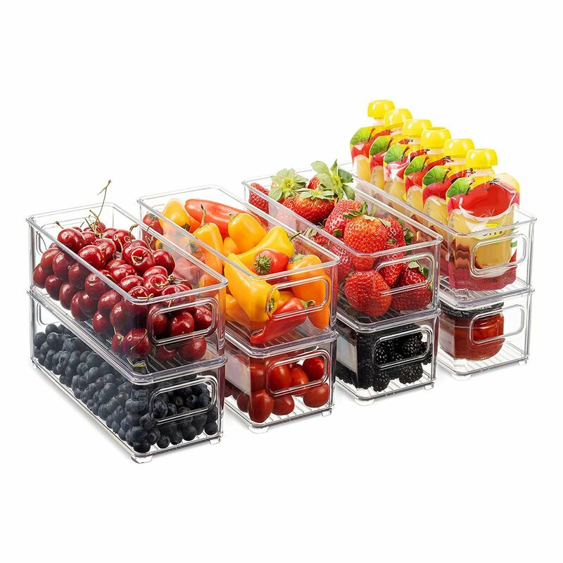 Kitchen Refrigerator Stackable Plastic Food Storage Bins Organizer With Handles For Pantry Cabinets Clear Food Storage Rack