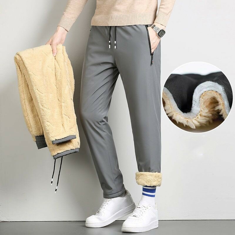 Calça de lã grossa de pelúcia masculina, calça térmica casual impermeável, windproof, algodão quente, lã de cordeiro, inverno, 2023