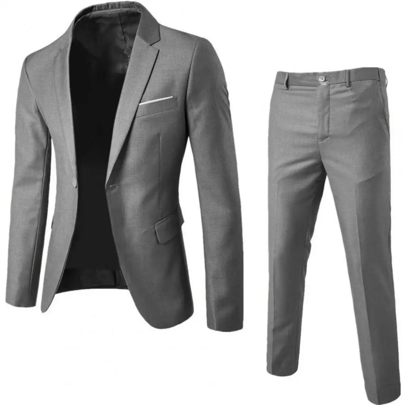 Мужской деловой костюм с пиджаком и брюками, однотонный костюм с отложным воротником на одной пуговице, повседневная одежда, 1 комплект