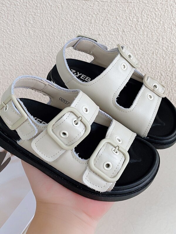 Sandálias de couro genuíno para menino e menina, sapatos de praia, sola macia, casual, na moda, novo verão, 2024