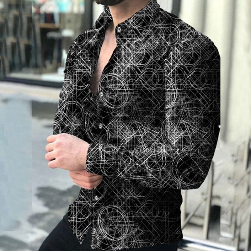 Chemise graphique baroque 3D décontractée pour hommes, manches longues, muscle, fitness, bouton, fête sociale, t-shirts et chemisiers, vêtements