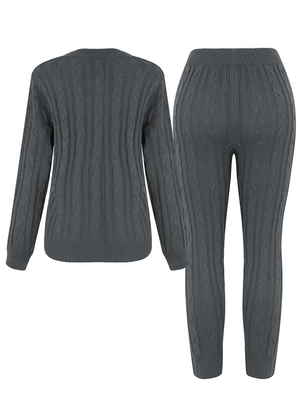 LW-Conjunto de dos piezas de pantalones de punto de Cable, suéter grueso, sólido, informal, hombro caído, mantiene el calor, pantalones de peluche, Otoño e Invierno