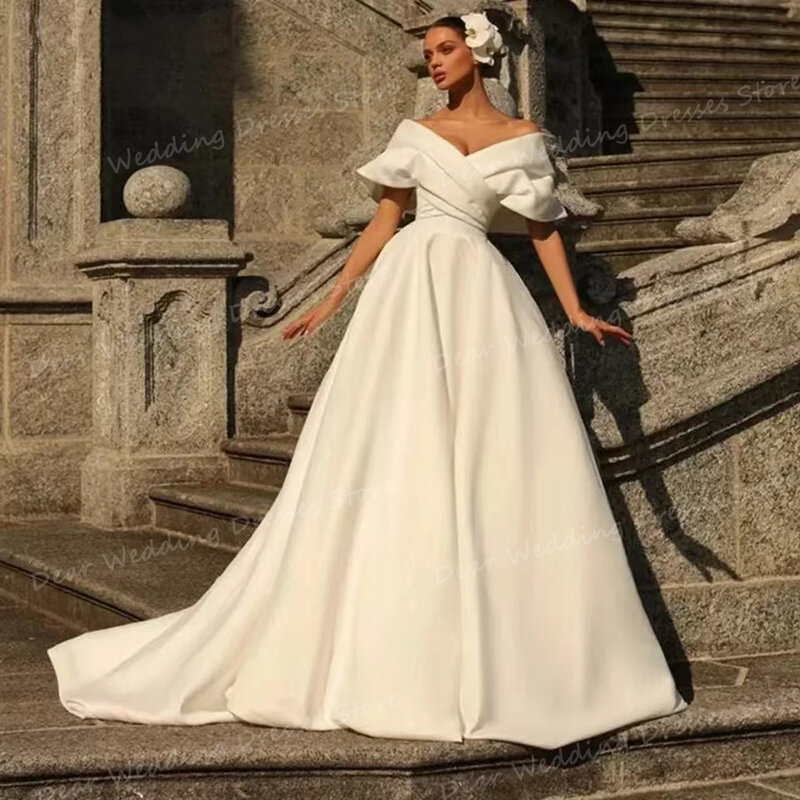 2024 Proste plisowane satynowe suknie ślubne Sexy A Line Off Shoulder Suknie ślubne dla kobiet bez pleców Formal Party Vestidos De Novias