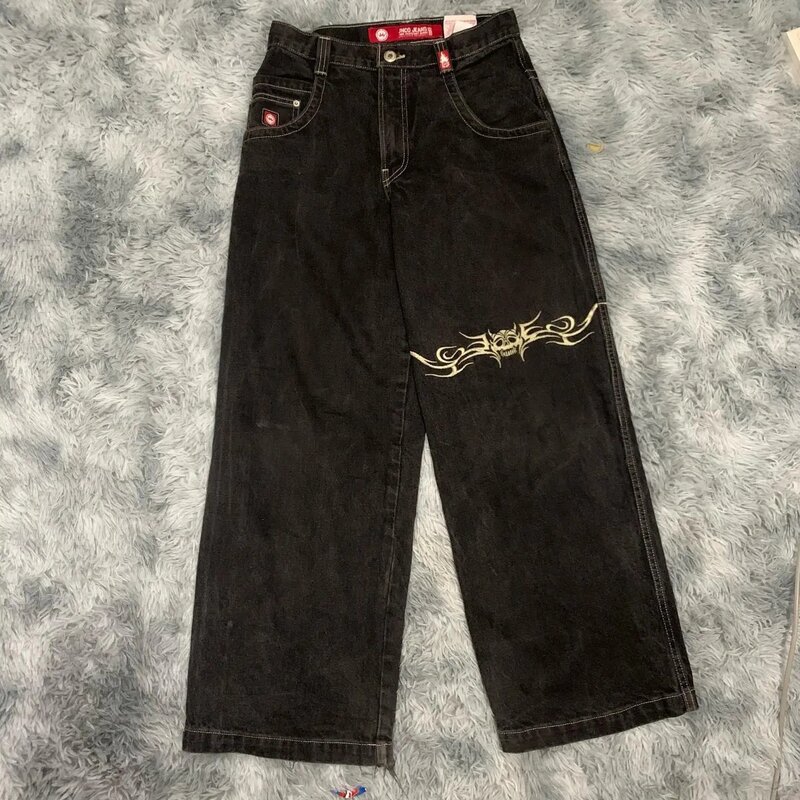 Pantalones vaqueros holgados de pierna ancha para hombre y mujer, ropa de calle Retro Harajuku, color negro, Y2k