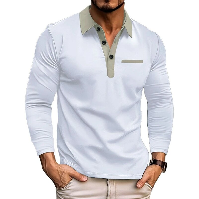 Camiseta de manga larga para hombre, camisa informal de manga larga con solapa de colores, ideal para vacaciones, Otoño, nueva marca