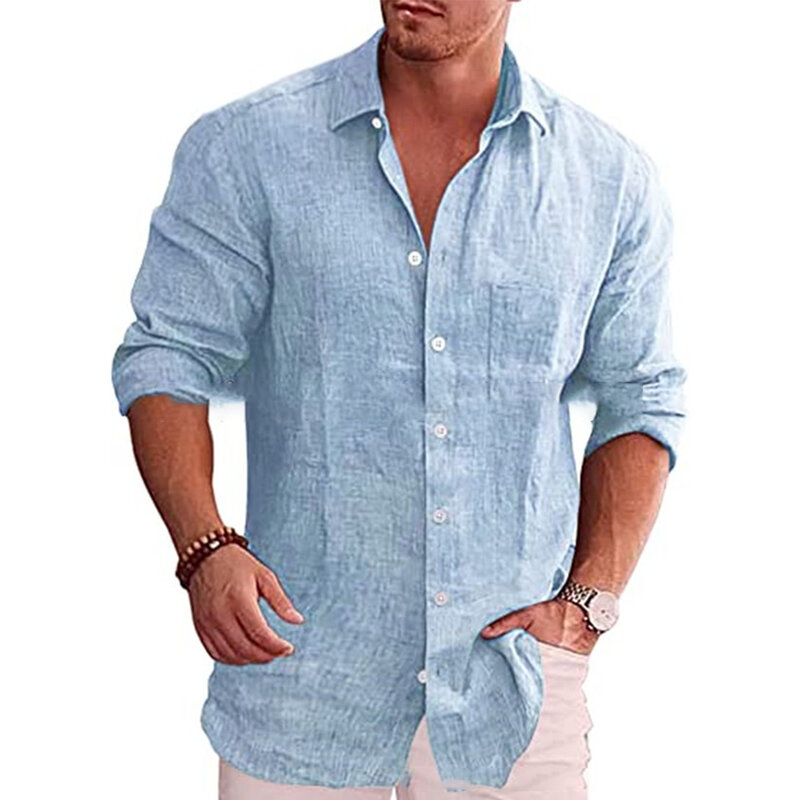 Camiseta de manga larga para hombre, blusa holgada transpirable con botones, cómoda, de lino y algodón, para uso diario, M-2XL