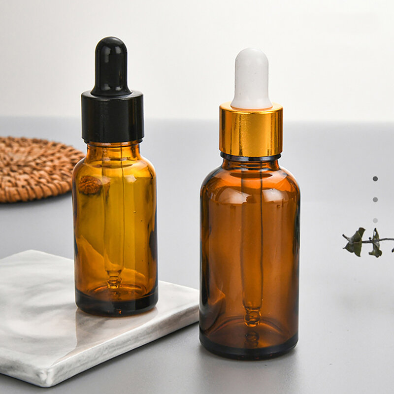 Botella de vidrio ámbar de gota marrón para aromaterapia, gotero líquido, pipeta básica de aceite de masaje, 5ml/10ml/15ml/20ml/30ml/50ml/100ml