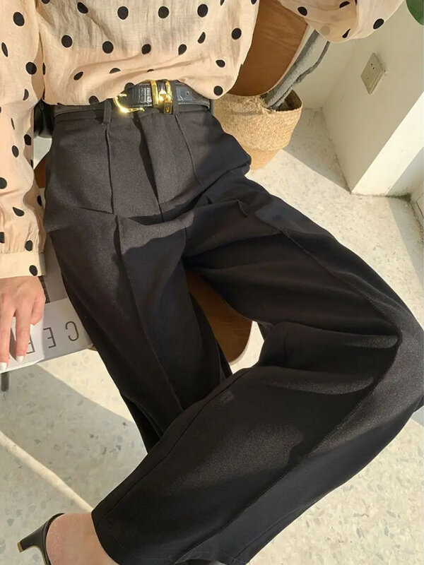 Pantalones de cintura alta para mujer, Pantalón ancho blanco, sólido, moda coreana, elegante, para oficina, verano, 2024