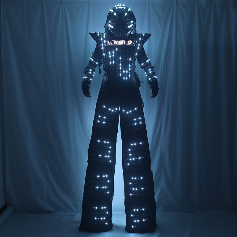 LED Robot Costume vestiti Full Color Chest Display White Silver Leather Stilt Walking Luminous Suit Jacket Laser Glove Helmet